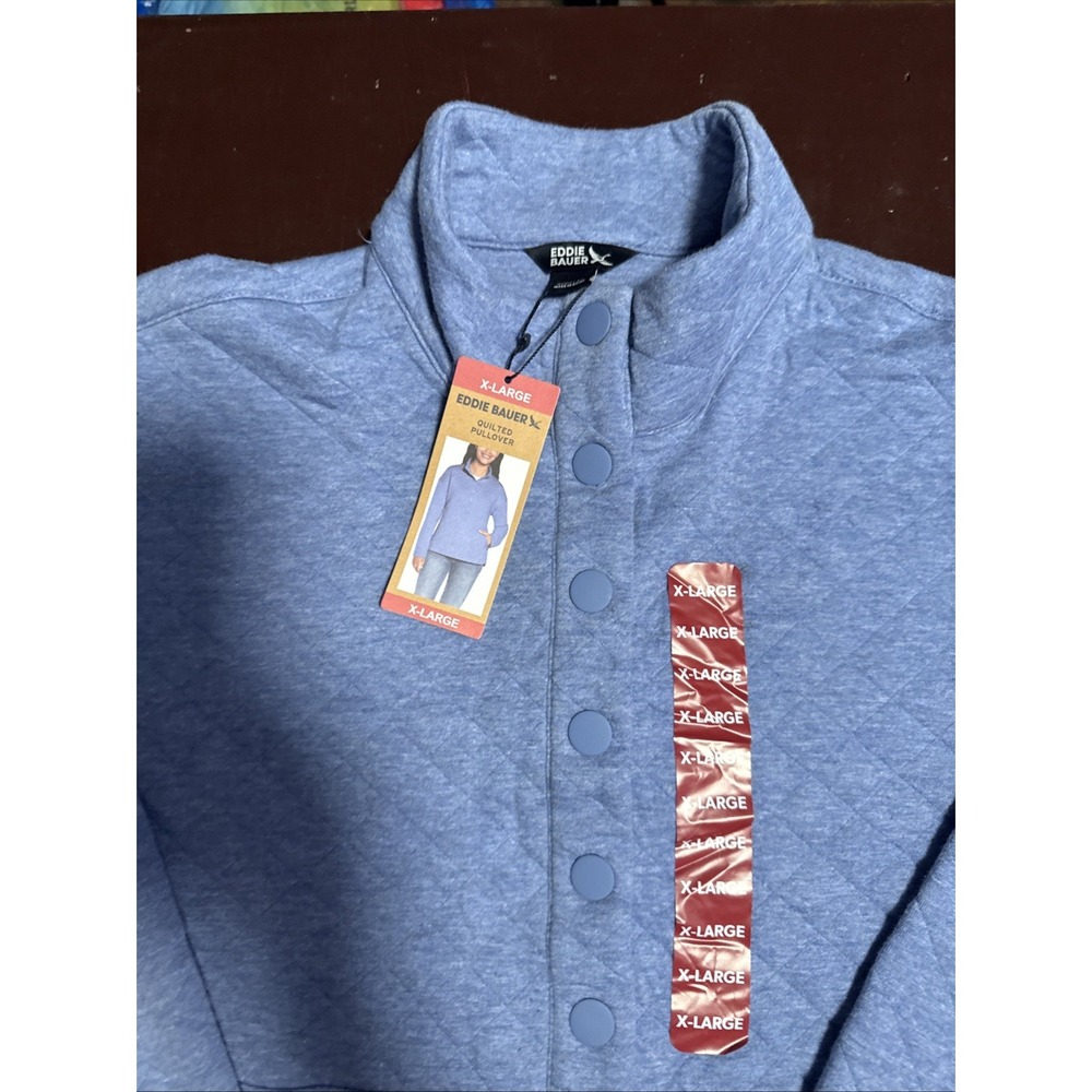 NWT Eddie Bauer Mens Quilted Pullover Snap Neck Fleece Blue‎ X Large